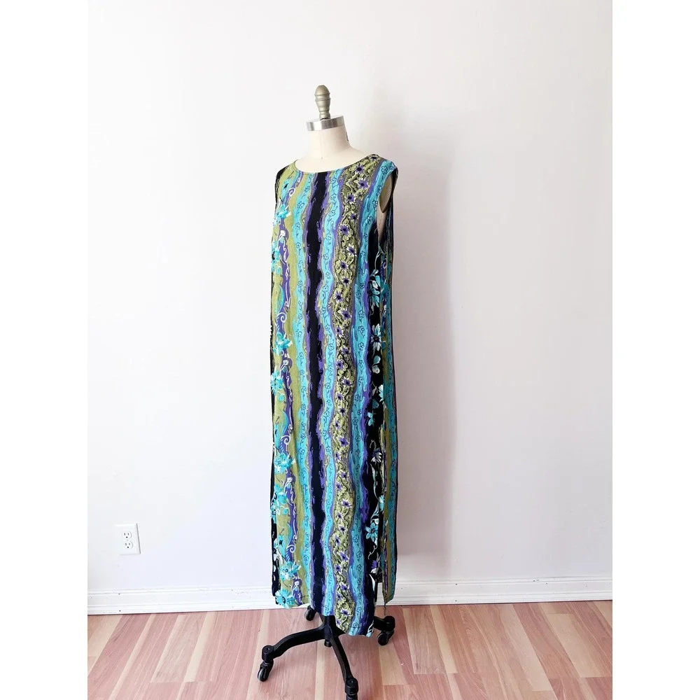 JM Collection Maxi Dress Blue Green Floral‎ Beaded Rayon Sleeveless Shift Large - Picture 2 of 8